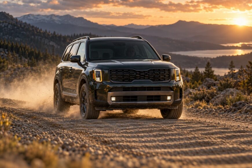 A dark Kia Telluride SUV driving on a dusty washboard dirt road during a mountain sunset