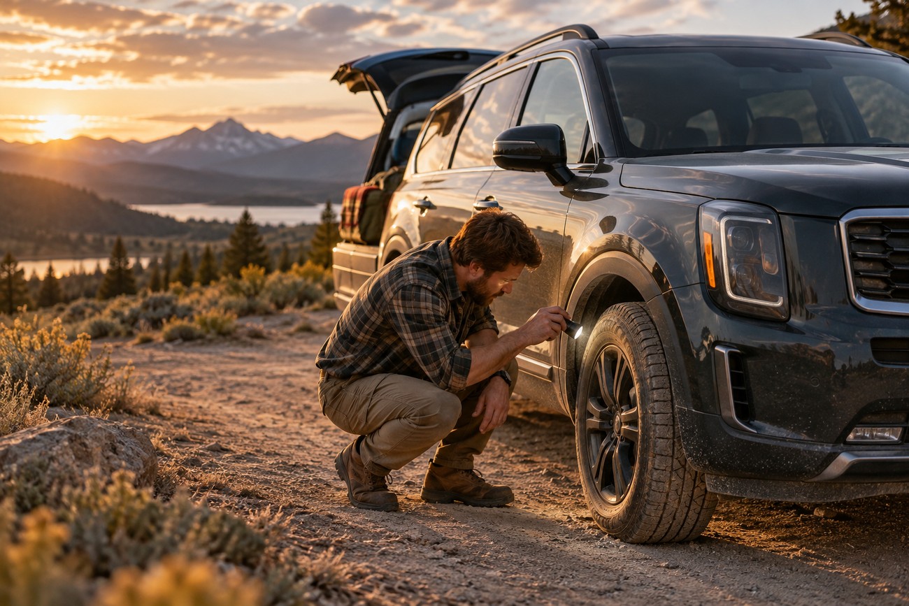 A man crouching next to a Kia Telluride on a dirt road inspecting the wheel with a flashlight during sunset