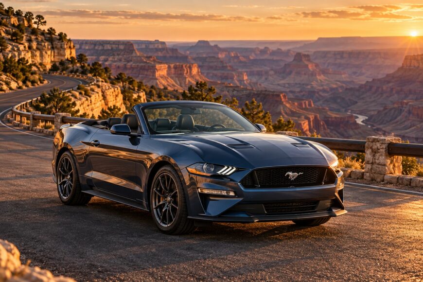 Dark blue Ford Mustang Convertible parked on a scenic mountain road overlooking the Grand Canyon at sunset