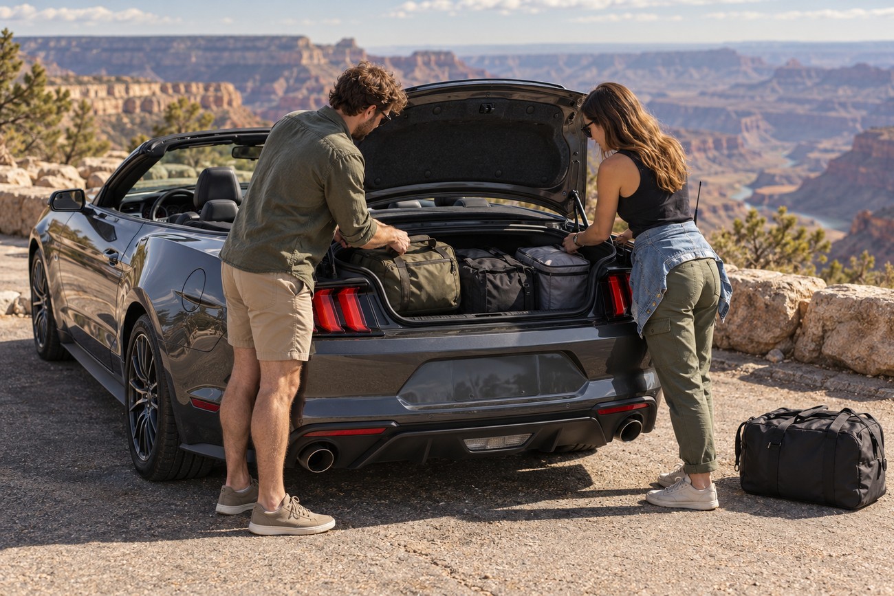 A man and a woman packing bags into the trunk of a Ford Mustang Convertible at a scenic Grand Canyon overlook