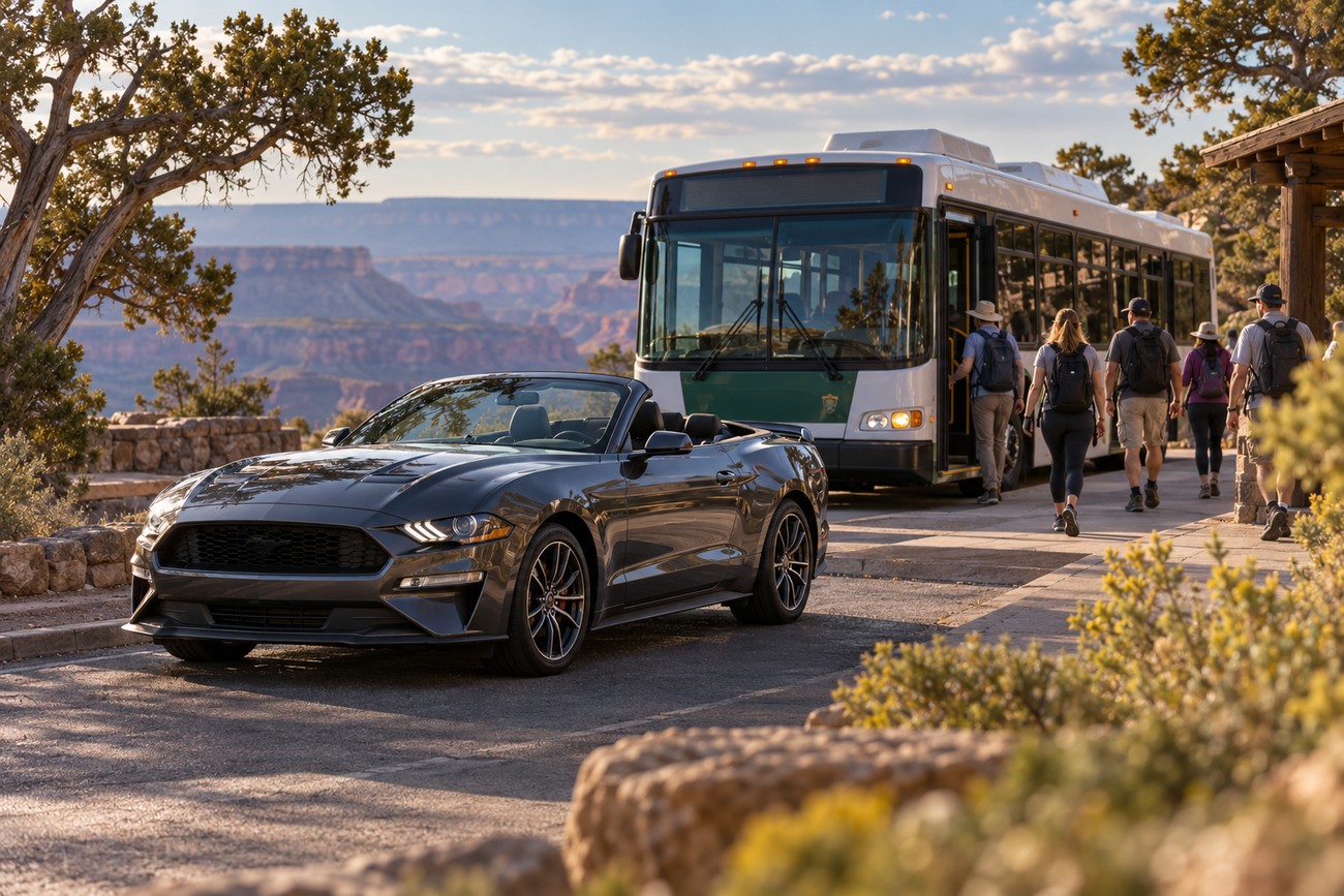 A dark grey Ford Mustang Convertible parked on a scenic road at the Grand Canyon with tourists boarding a shuttle bus nearby