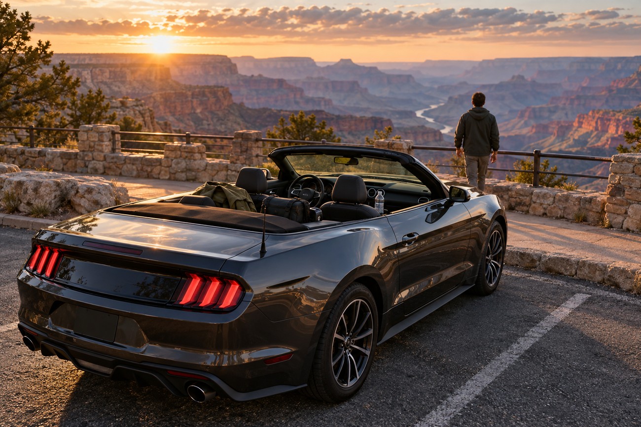 A dark Ford Mustang convertible parked at a scenic overlook while a traveler admires the Grand Canyon at sunset