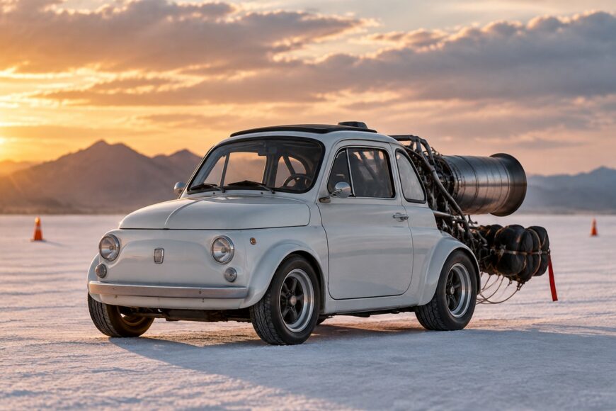 A modified white Fiat 500 with a large jet engine mounted on the back stands on a vast salt flat at sunset