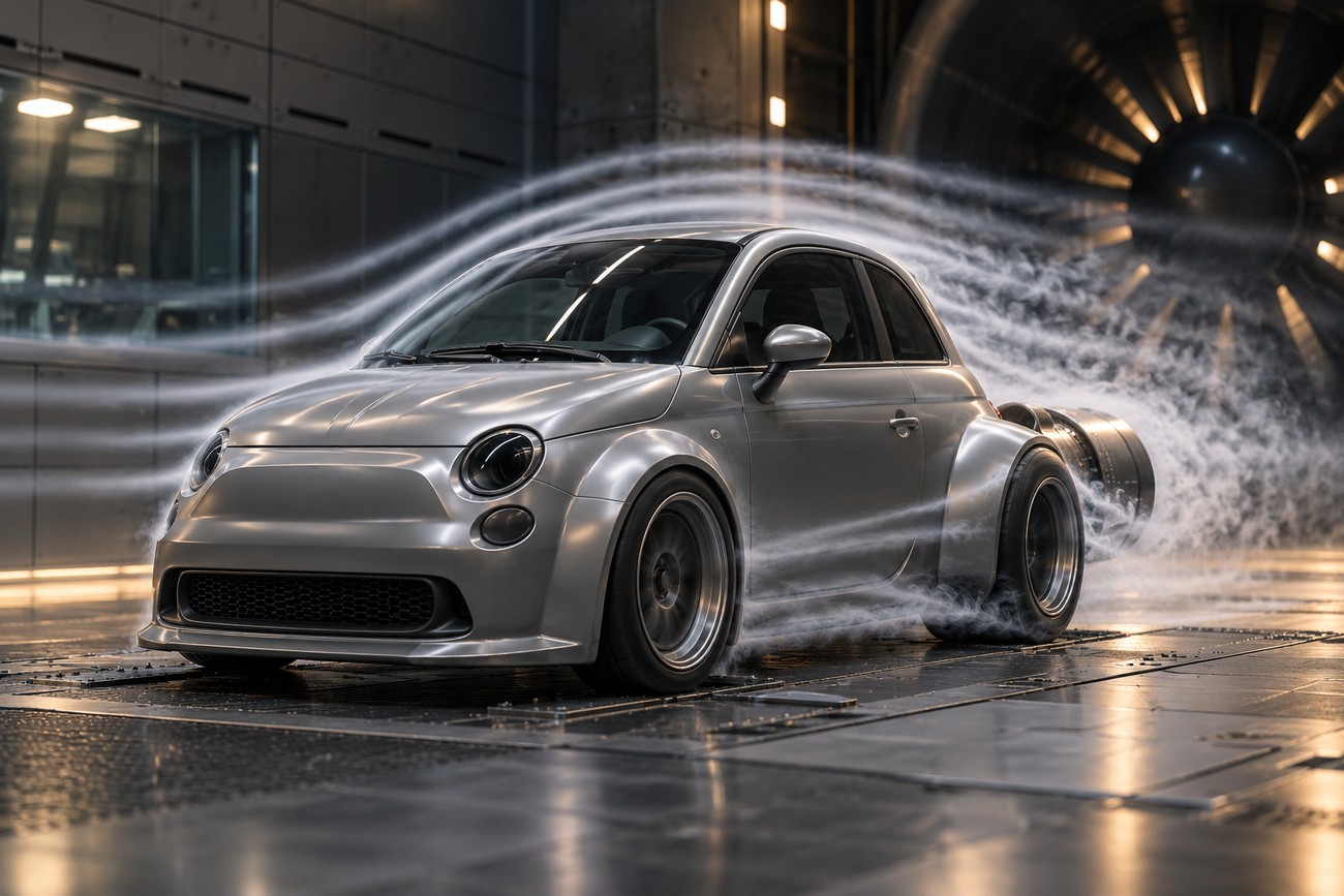 A silver custom Fiat 500 with a jet engine undergoes aerodynamic smoke testing inside a wind tunnel