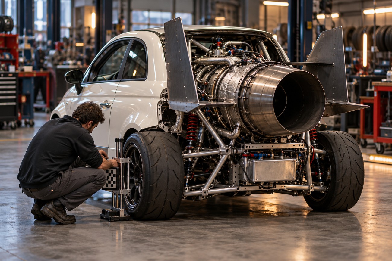 Mechanic adjusting the rear wheel of a modified white Fiat 500 equipped with a massive jet engine inside a garage
