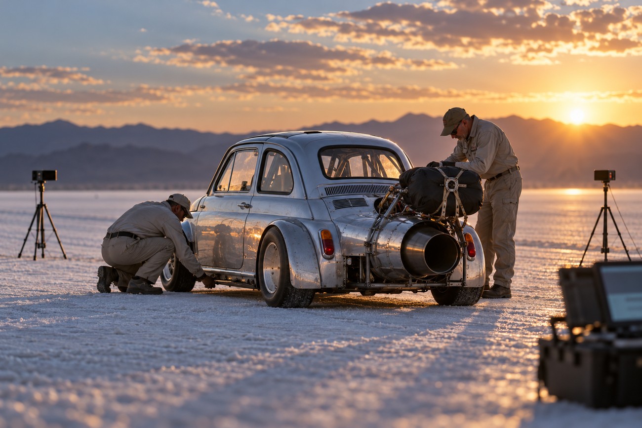 Two mechanics in jumpsuits working on a silver jet-powered Fiat 500 parked on the salt flats at sunset