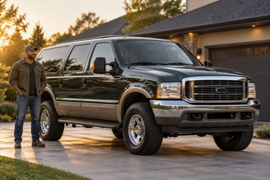 A smiling man standing next to a huge dark green Ford Excursion SUV parked in a driveway at sunset