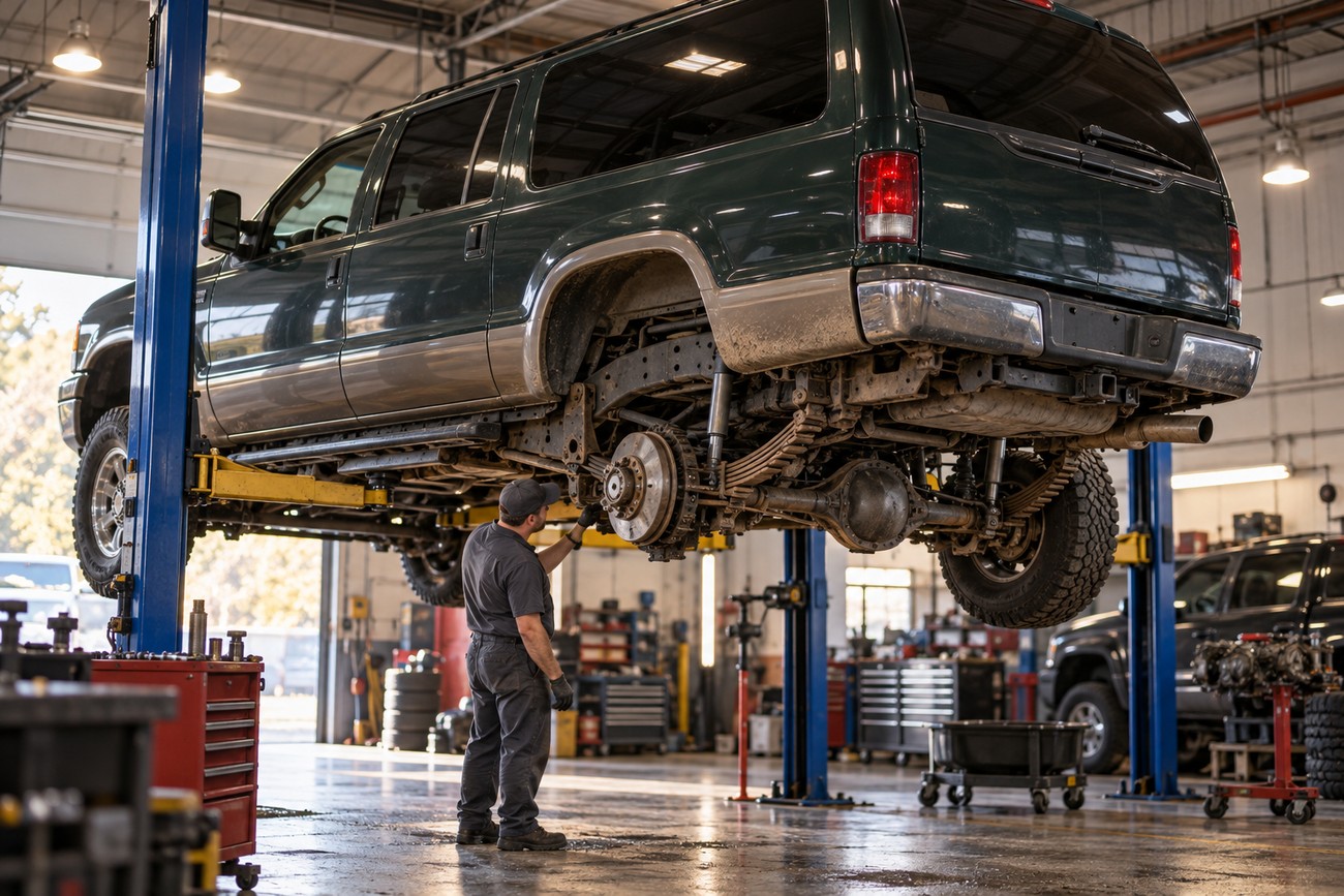 A mechanic inspecting the undercarriage of a dark green Ford Excursion lifted on a hydraulic hoist in a repair shop