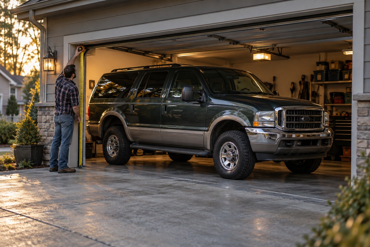 Man measuring garage door height with a tape measure next to a massive dark green Ford Excursion SUV parked inside