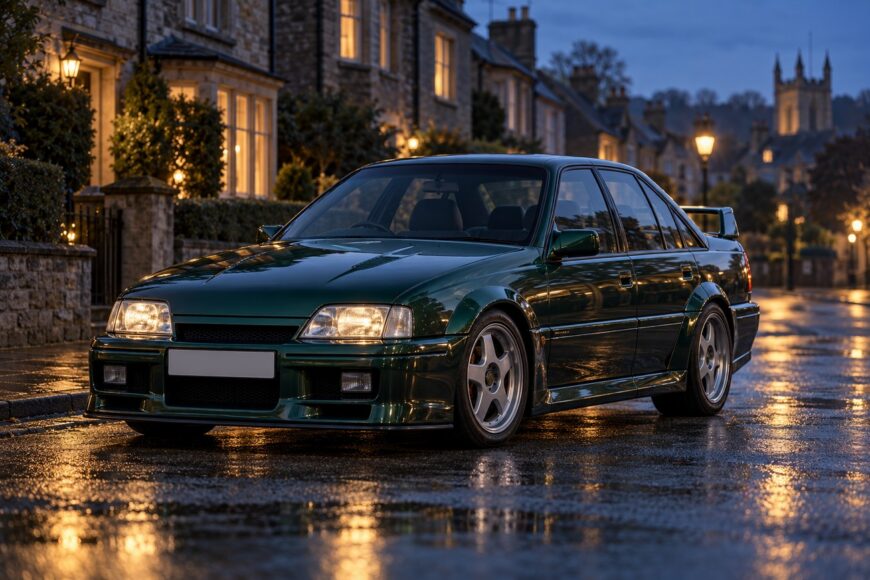 Dark green Lotus Carlton sports sedan parked on a wet cobblestone street at dusk with glowing headlights