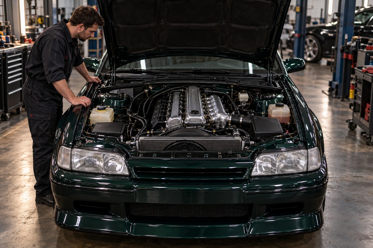 Mechanic examining the twin-turbo engine bay of a dark green Lotus Carlton sedan in a garage