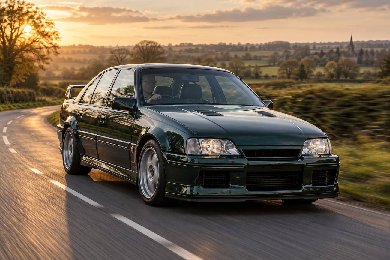 Dark green Lotus Carlton sedan driving on a winding asphalt road during a scenic sunset