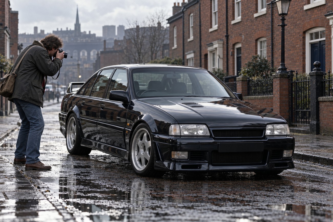 A man taking photos of a black Lotus Carlton parked on a wet street next to red brick townhouses