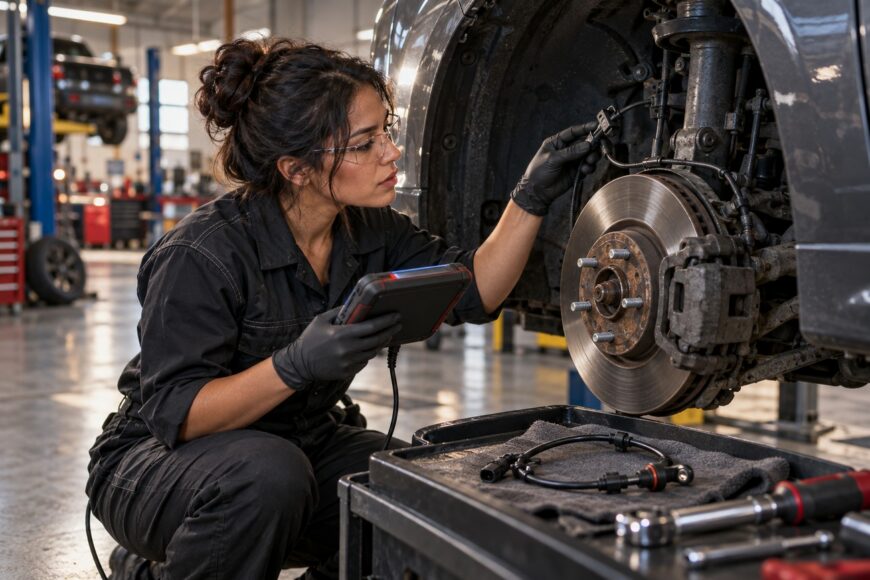 Female mechanic wearing safety glasses and gloves inspecting a wheel speed sensor near a car brake rotor in an auto repair shop