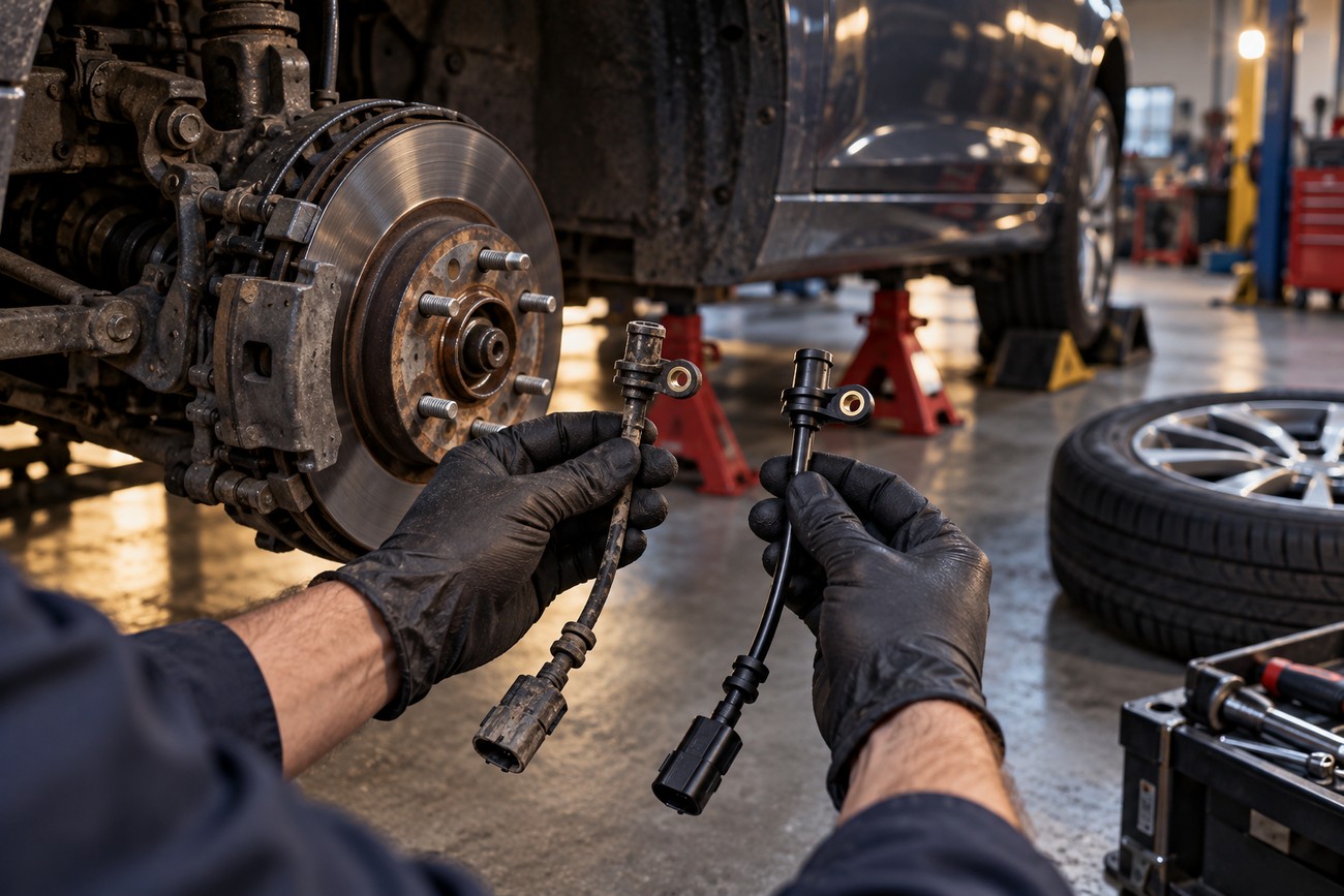 Mechanic wearing black gloves comparing an old and new wheel speed sensor near a car brake assembly