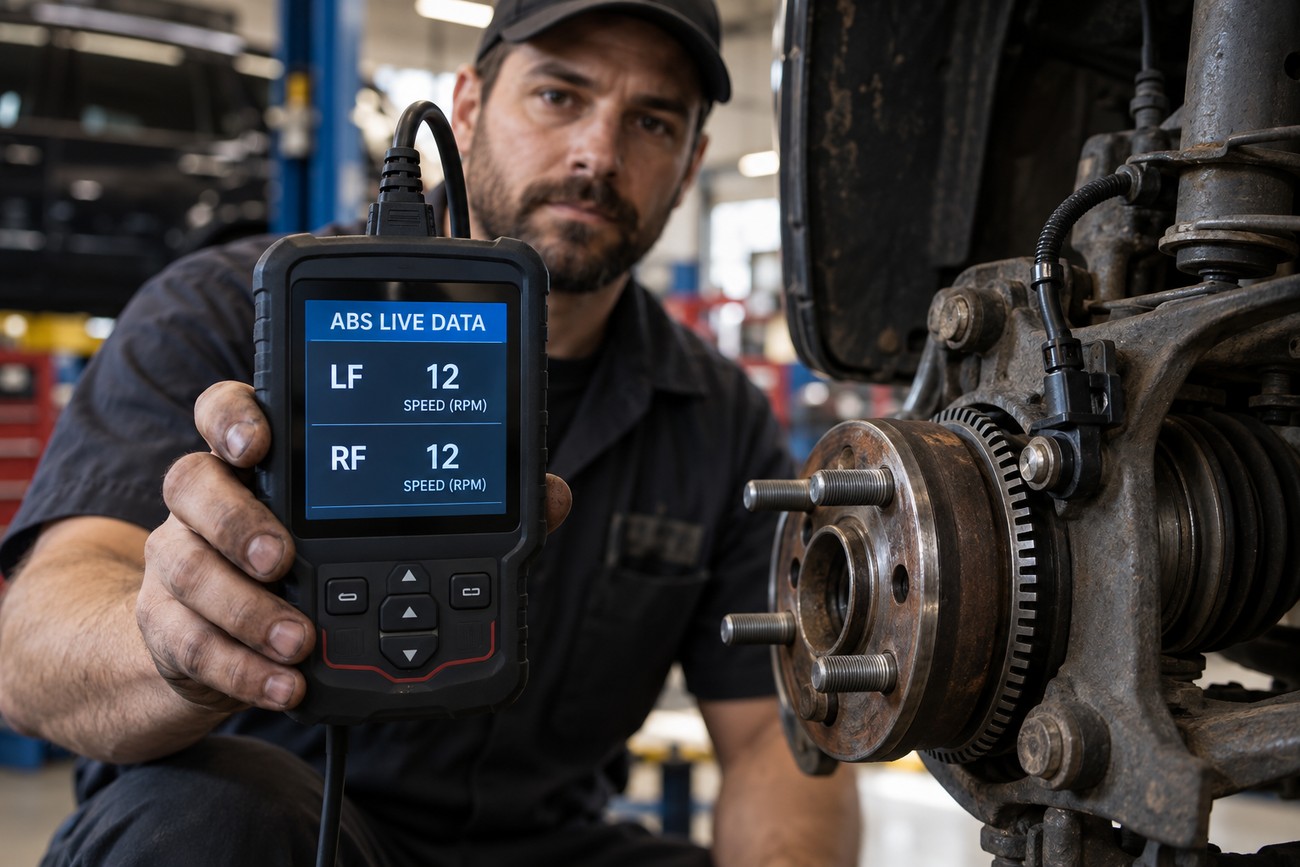 A mechanic in an auto repair shop holding an ABS diagnostic scanner next to a car wheel hub with a speed sensor