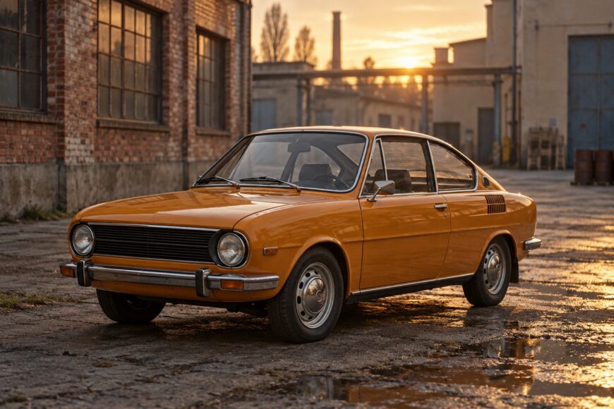 Classic orange Skoda 110 R rear-engined coupe parked on a wet concrete yard near brick industrial buildings during sunset