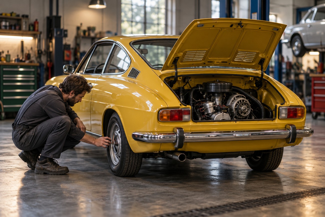 A mechanic in overalls inspecting the rear wheel of a yellow Skoda 110 R coupe with its engine compartment open in a garage