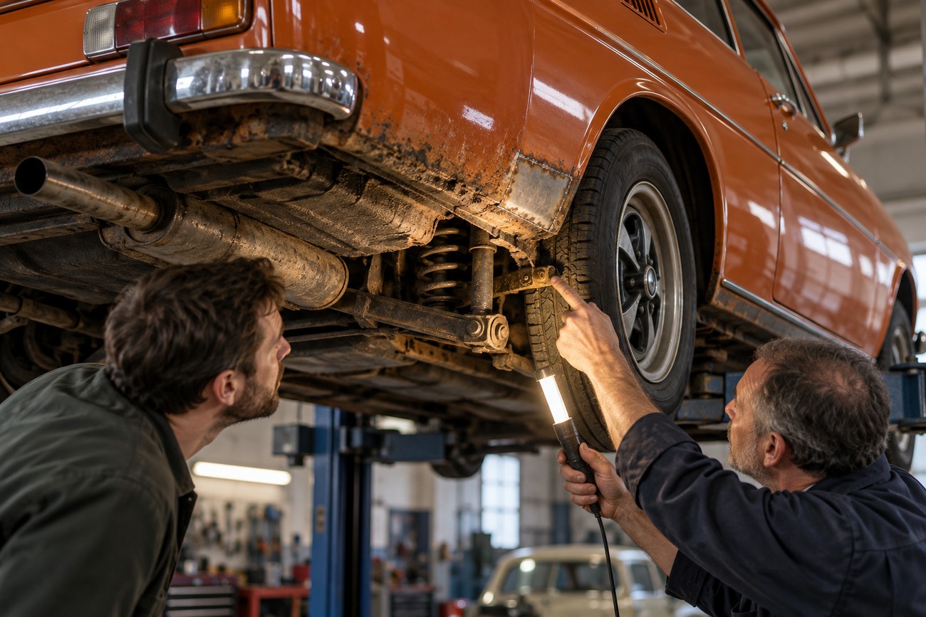 Two mechanics inspecting the rear suspension and rusted undercarriage of an orange Skoda 110 R coupe lifted in a garage