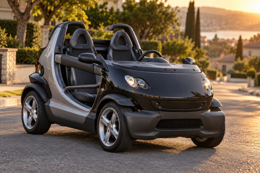 Black and silver Smart Crossblade with no doors or roof parked on a sunny street