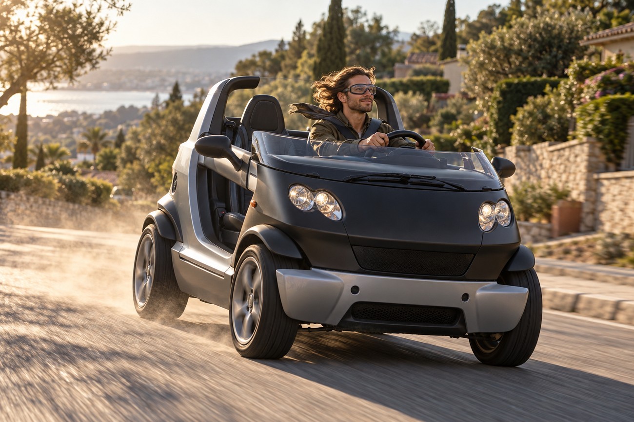 A smiling man with long hair and goggles driving a doorless and roofless Smart Crossblade along a sunny coastal road