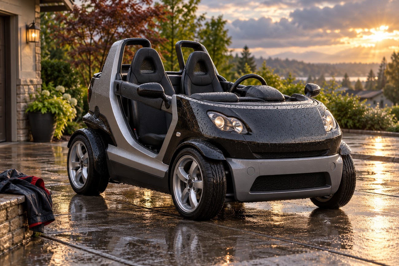 Black and silver Smart Crossblade with no doors or roof parked on a wet driveway at sunset