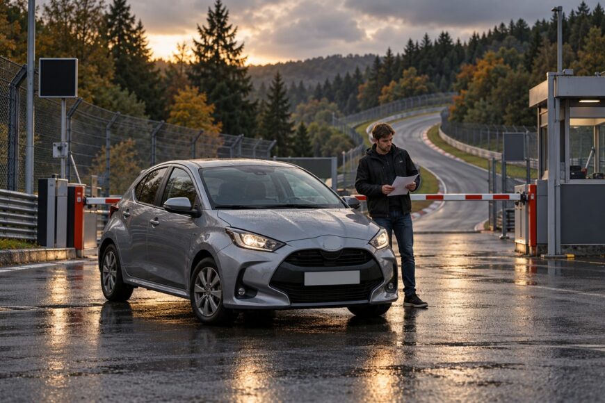 A man holding papers stands next to a silver rental Toyota Yaris at the Nürburgring entrance gate on a wet asphalt surface