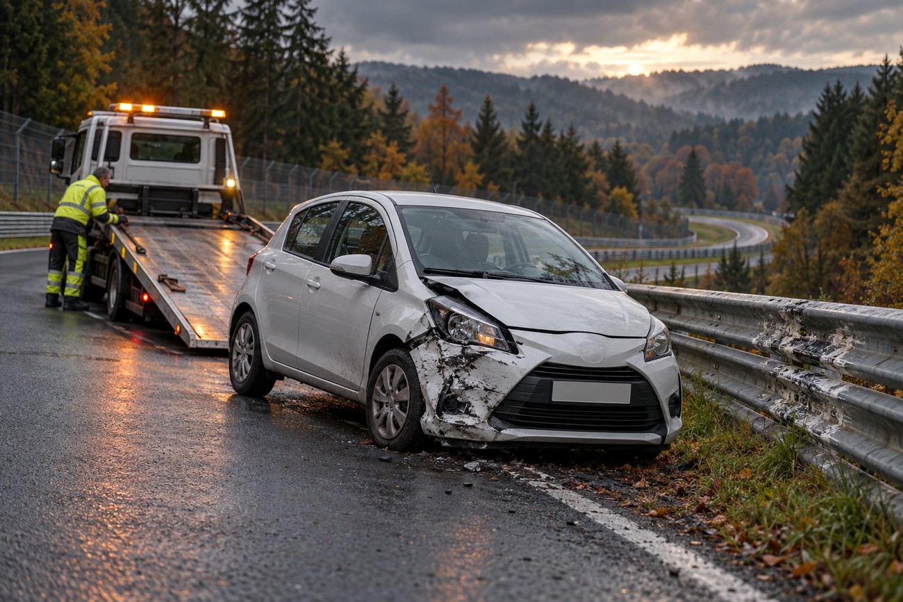 Damaged white rental Toyota Yaris parked near the guardrail on the wet Nürburgring track with a tow truck nearby