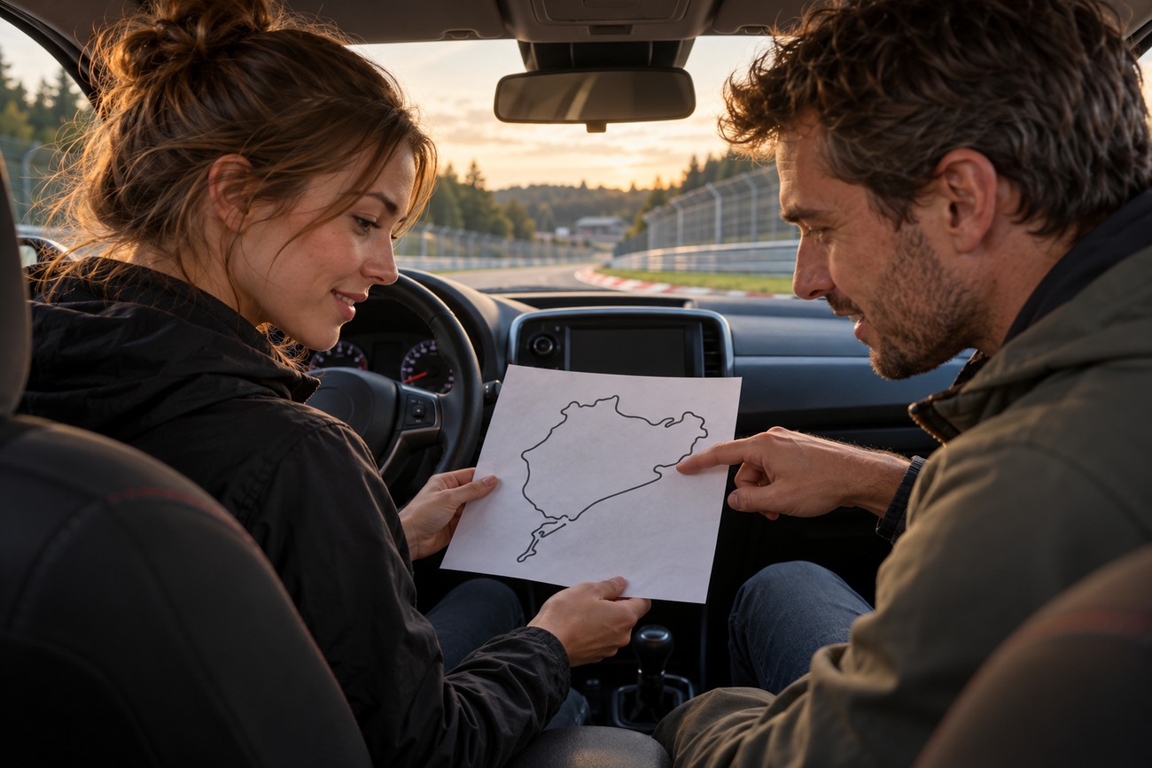 A smiling couple sitting inside a rental car and looking at a printed track map of the Nurburgring