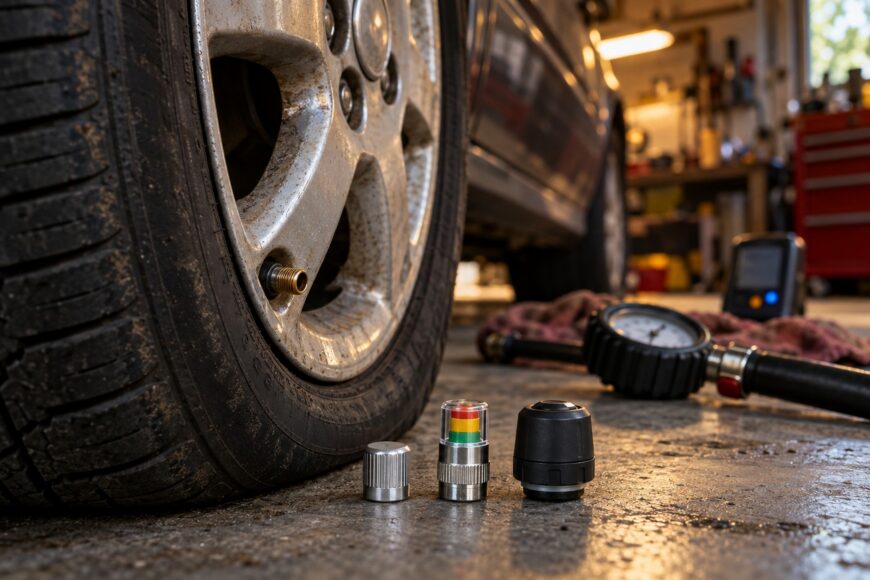 Several tire pressure sensor caps lined up on a garage floor next to a dirty car tire