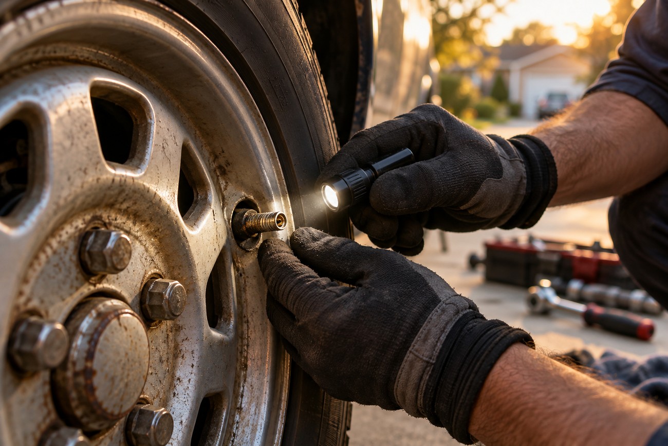 Mechanic wearing work gloves illuminates a car tire valve stem with a small flashlight