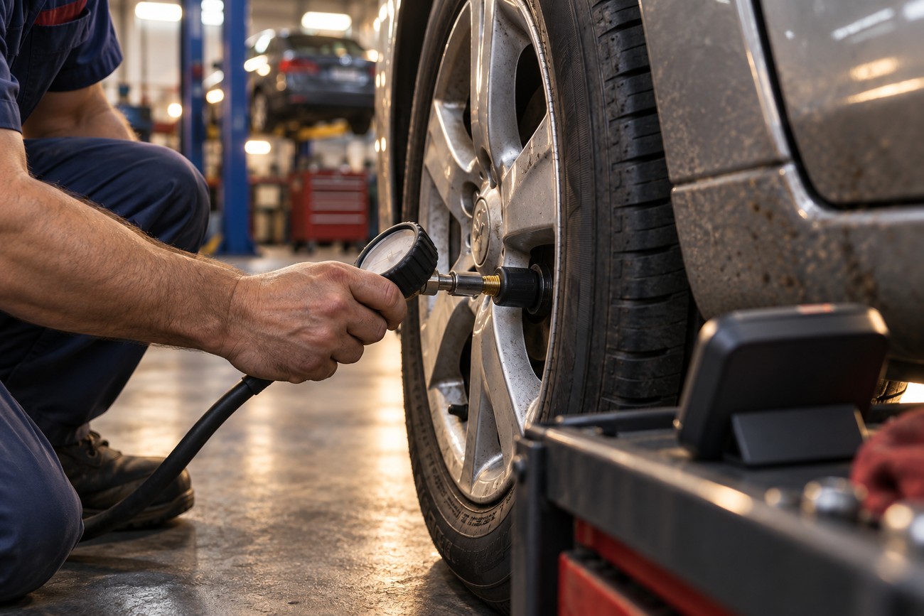 A mechanic checking the tire pressure on a car wheel using a gauge in a repair shop