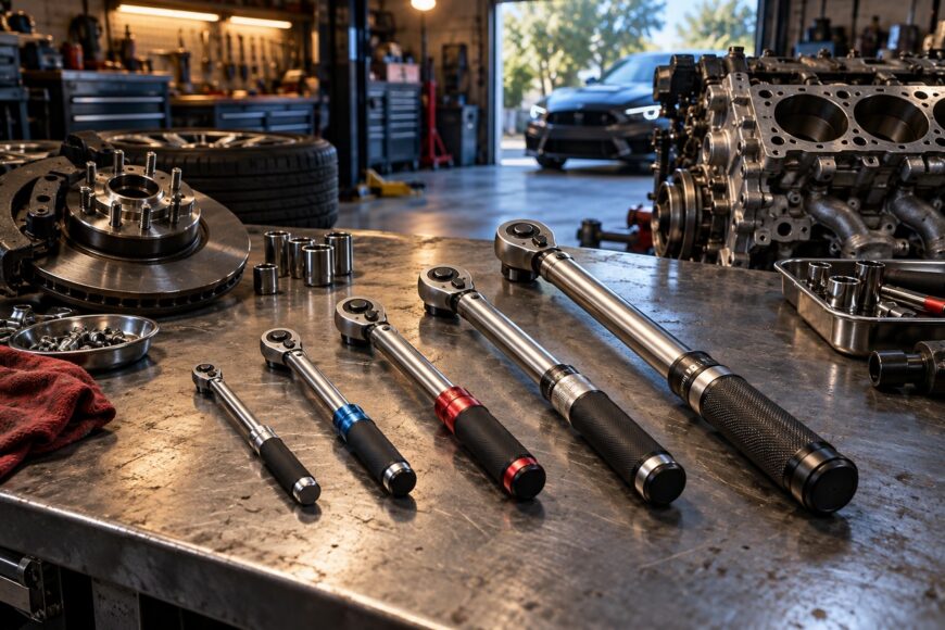 Several metal torque wrenches of various sizes are lined up on a metal workbench in a cluttered auto repair shop