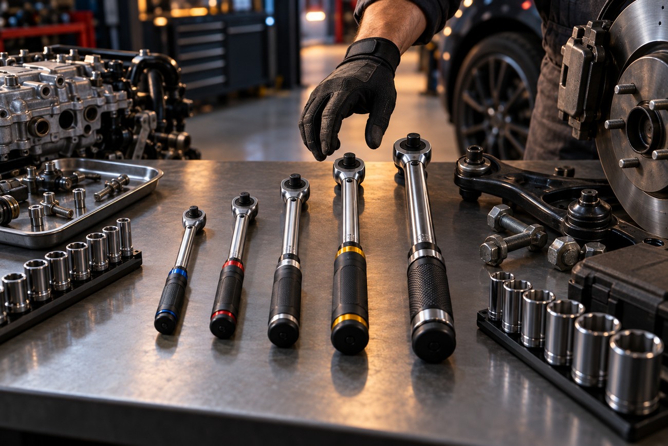 Mechanic wearing a black glove reaching for one of five torque wrenches arranged on a metal workshop workbench