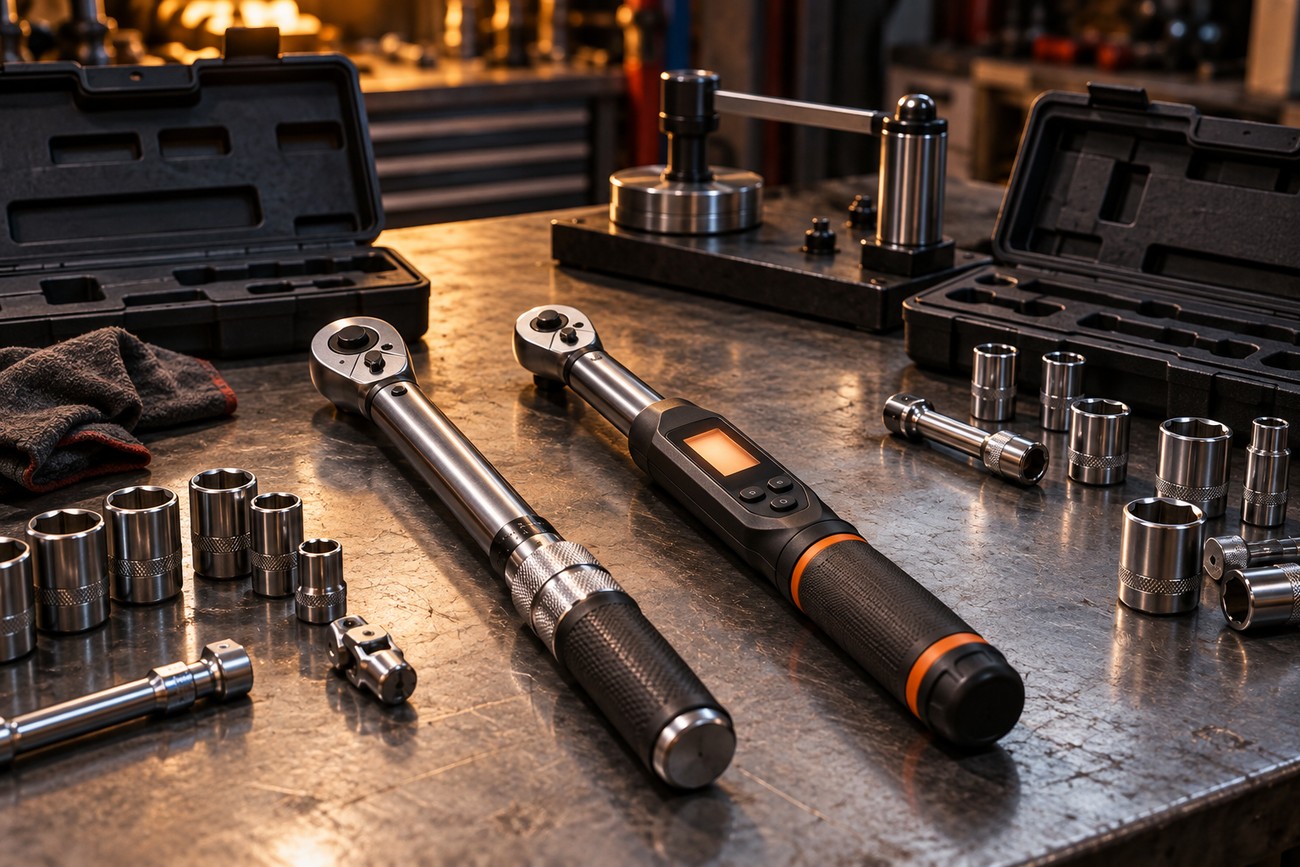 Two professional torque wrenches and various metal sockets laid out on a workshop metal workbench