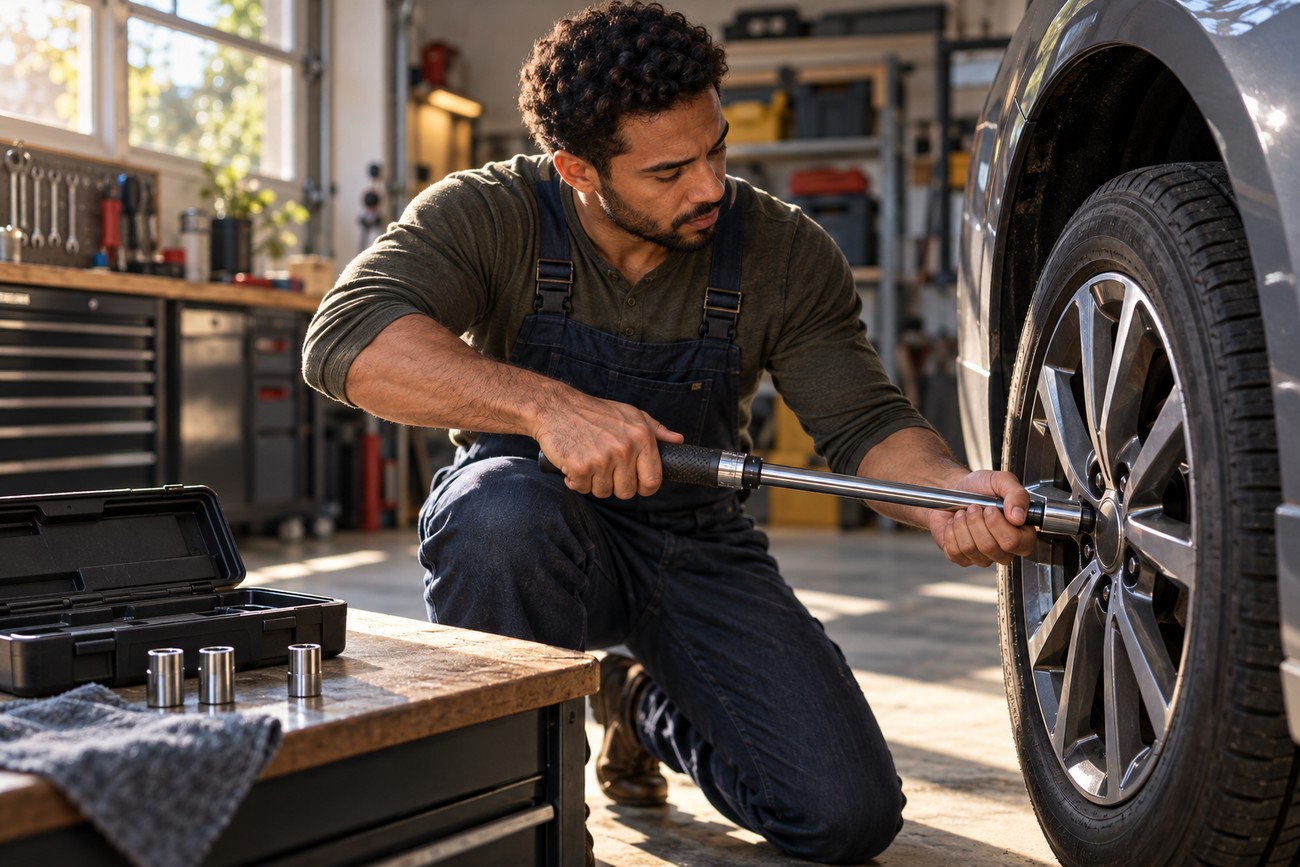A mechanic in overalls uses a torque wrench to tighten lug nuts on a car wheel in a garage