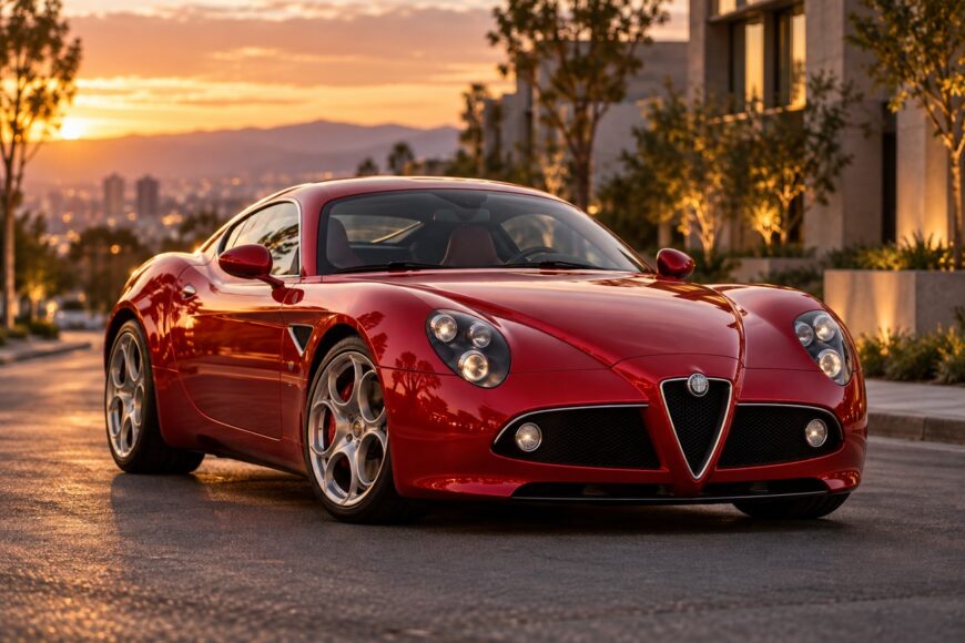 A red Alfa Romeo 8C Competizione parked on a city street during sunset with modern buildings in the background