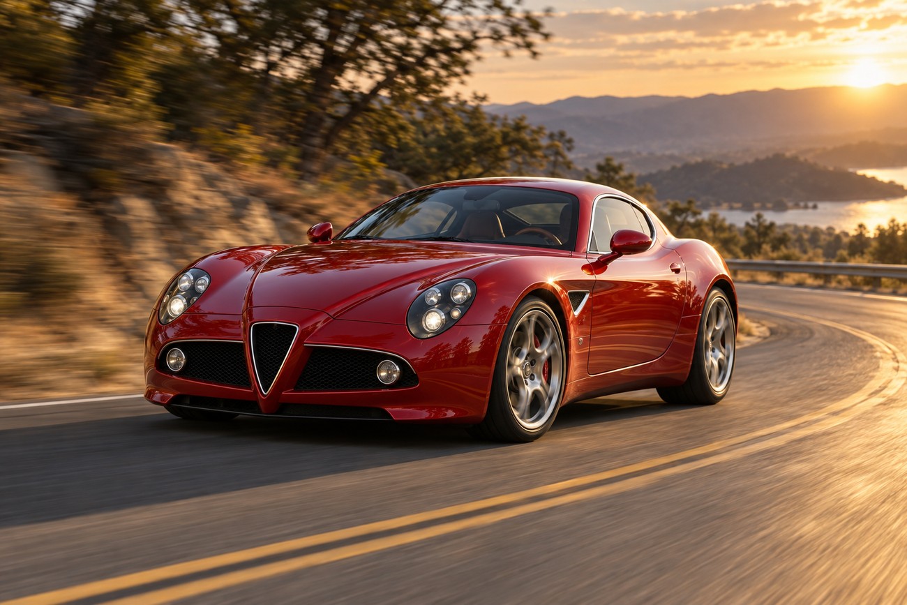 Red Alfa Romeo 8C Competizione supercar driving on a winding coastal road during sunset