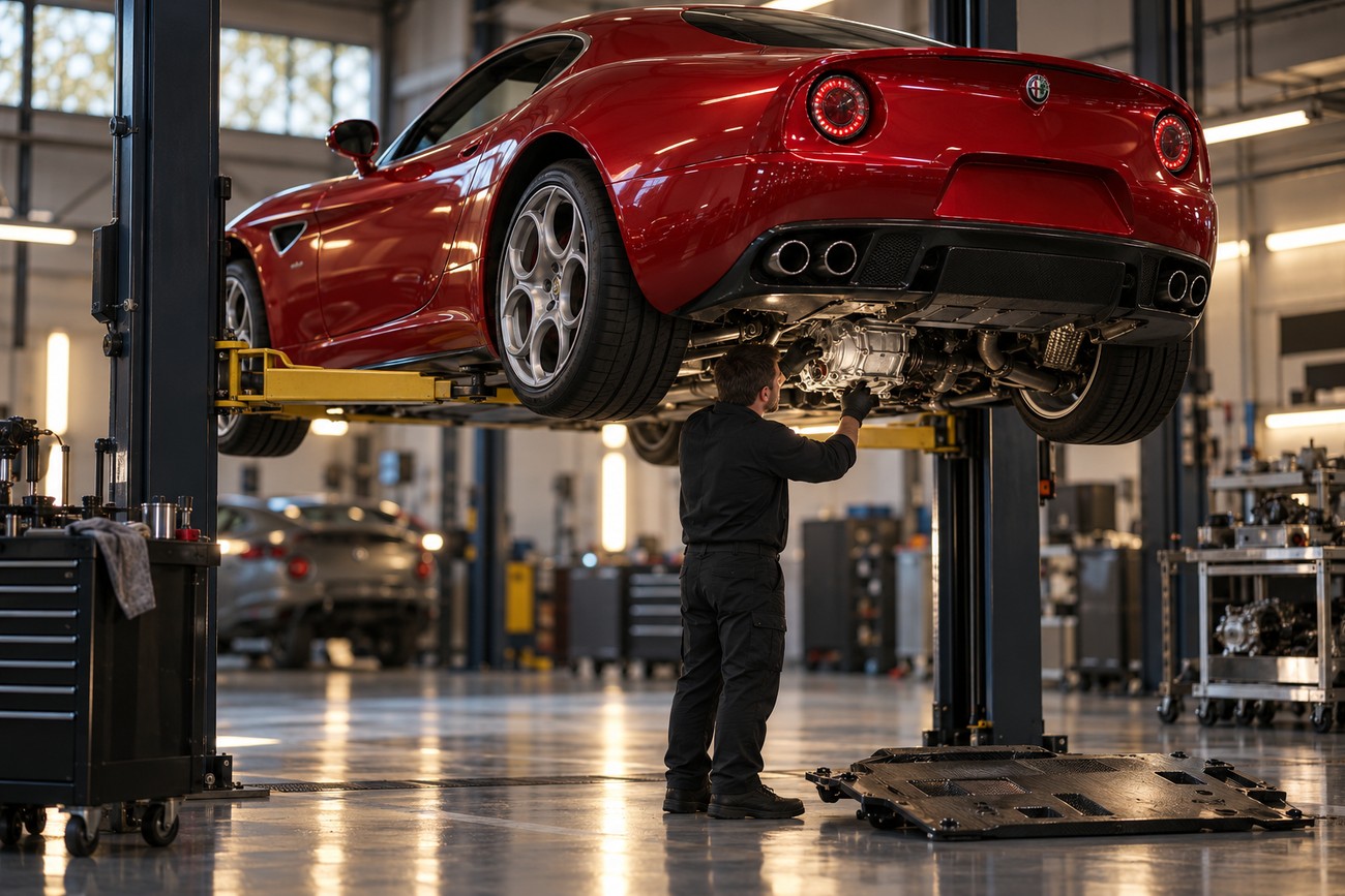 A mechanic in black overalls inspecting the underside of a red Alfa Romeo 8C Competizione lifted on a hydraulic hoist inside a professional service garage
