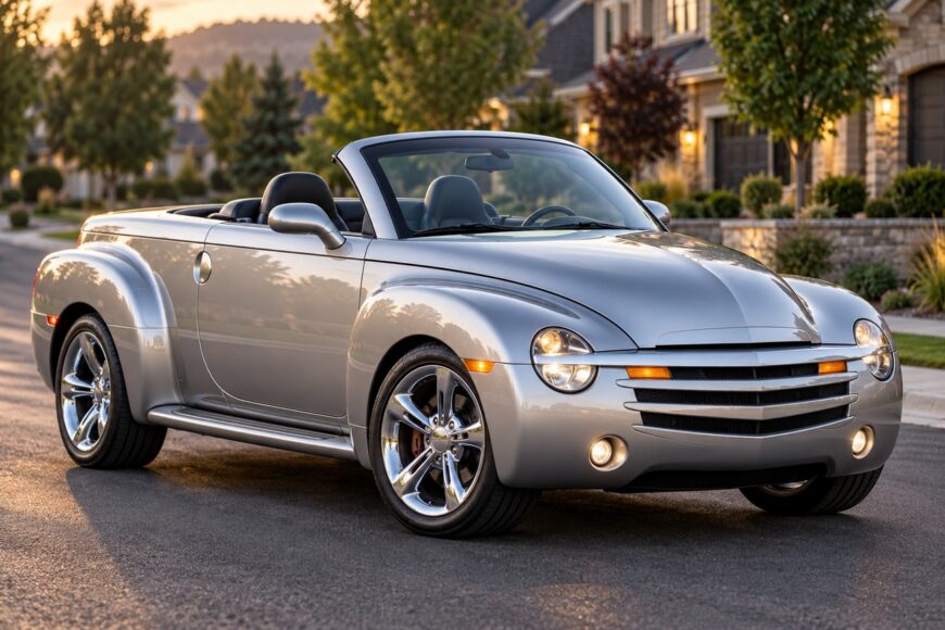 Silver Chevrolet SSR convertible pickup truck parked on a quiet suburban street at sunset