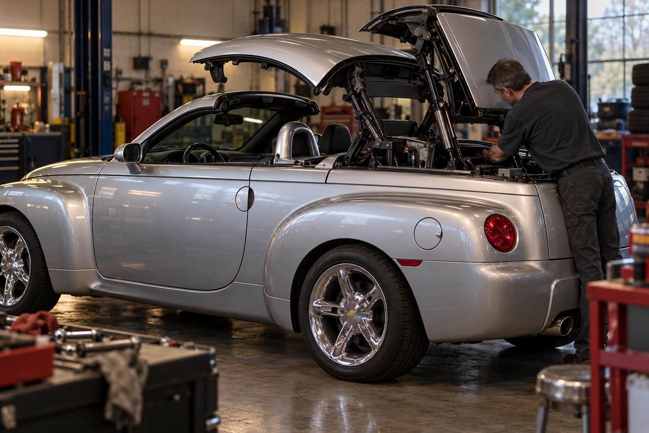 A mechanic working on the retractable hardtop mechanism of a silver Chevrolet SSR pickup truck in a garage