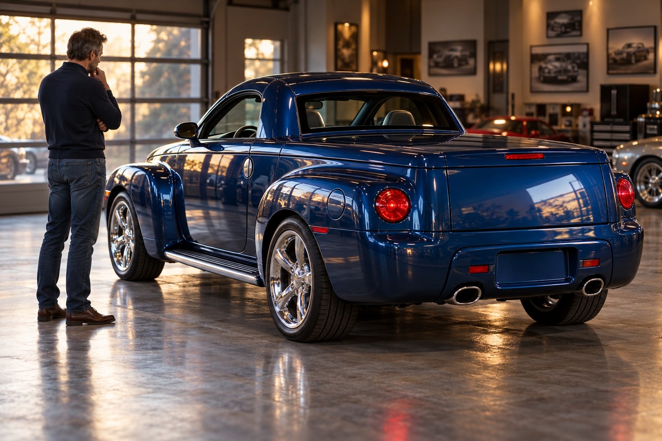 A man in jeans and a sweater standing in a showroom and looking at a glossy blue Chevrolet SSR retractable hardtop pickup truck