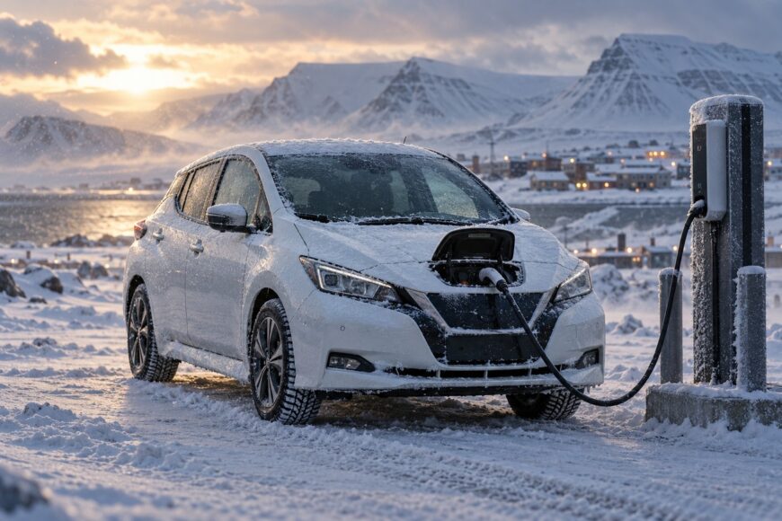 A white Nissan Leaf electric car charging at a snowy station in Svalbard with arctic mountains behind