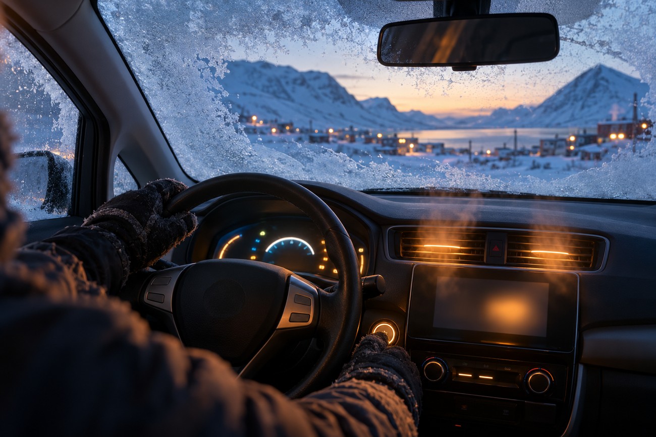 Driver in winter gloves holding the steering wheel of a Nissan Leaf looking through a frosty windshield at snowy Arctic mountains