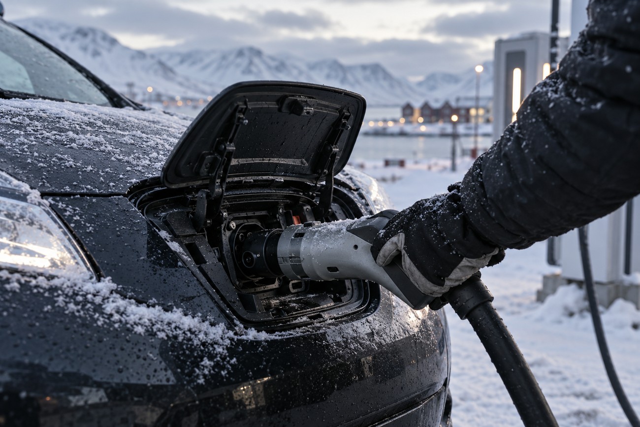A person in winter gloves plugging a charging cable into a Nissan Leaf in snowy Svalbard