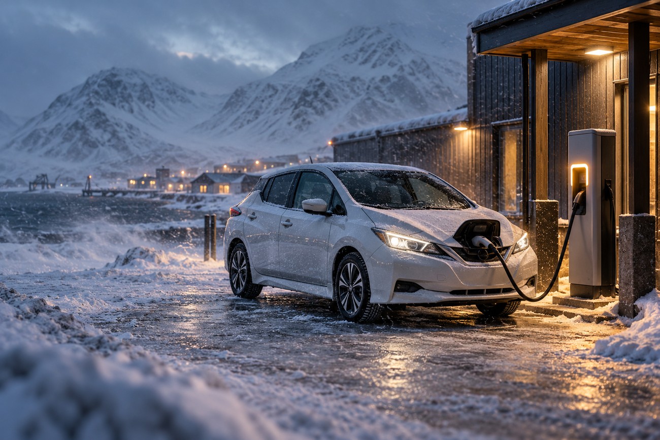 A white Nissan Leaf electric car charging at an outdoor station in snowy Svalbard with mountains behind
