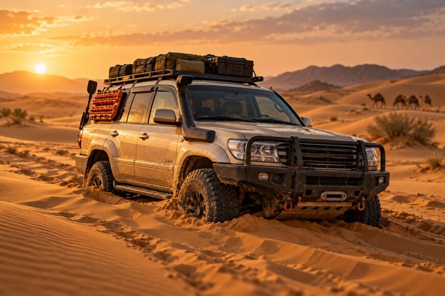 An off-road equipped Toyota Land Cruiser driving through sandy desert dunes with camels visible in the background at sunset