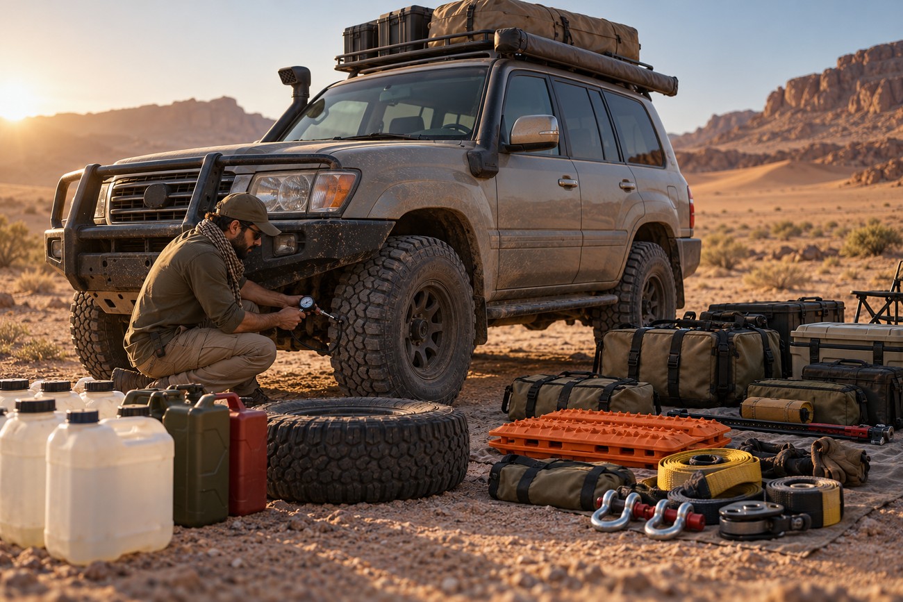 A man crouching to check tire pressure on an off-road Toyota Land Cruiser parked in the desert with expedition gear laid out on the ground