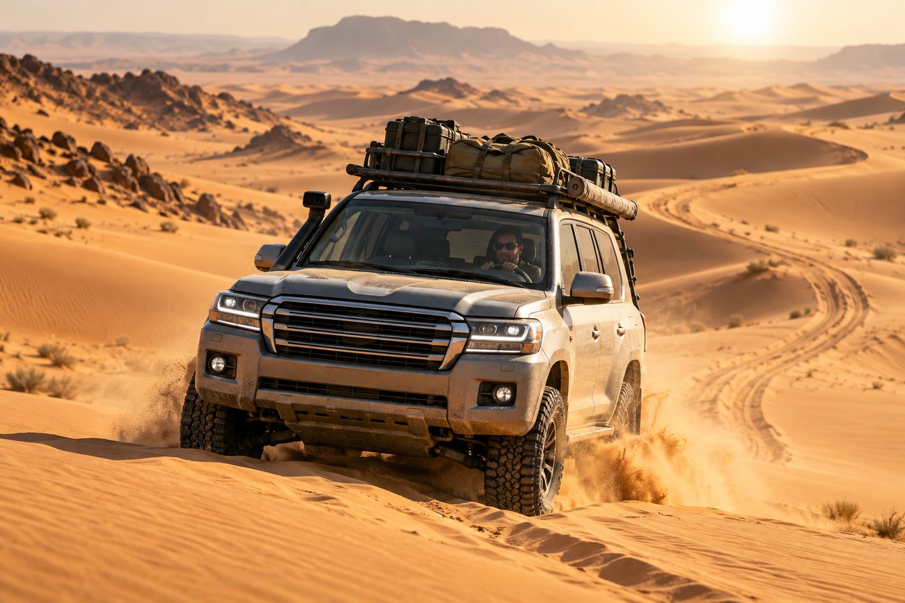 A silver Toyota Land Cruiser with roof cargo driving through sandy desert dunes during an off-road expedition
