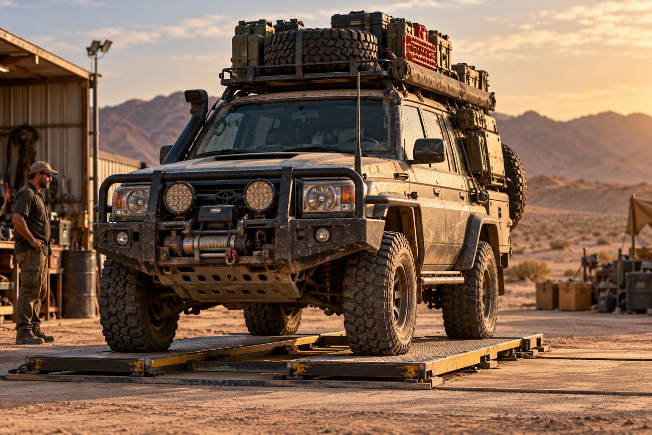 An expedition-ready Toyota Land Cruiser parked on a metal platform in a desert camp during sunset